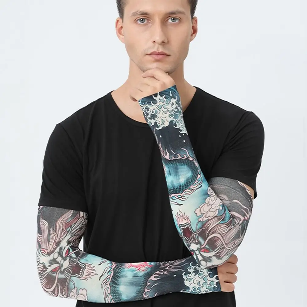 1Pair New Flower Arm Tattoo Sleeves Seamless Outdoor Riding Sunscreen Arm Sleeves For Men Women Sun Uv Protection Arm Warmers