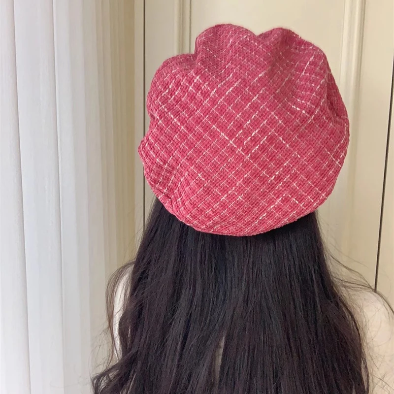 Rose Red Dopamine Style Berets for Women Retro Plaid Flat Top Bright Silk Painter Cpa Autumn Fashion Casual Octagonal Hats