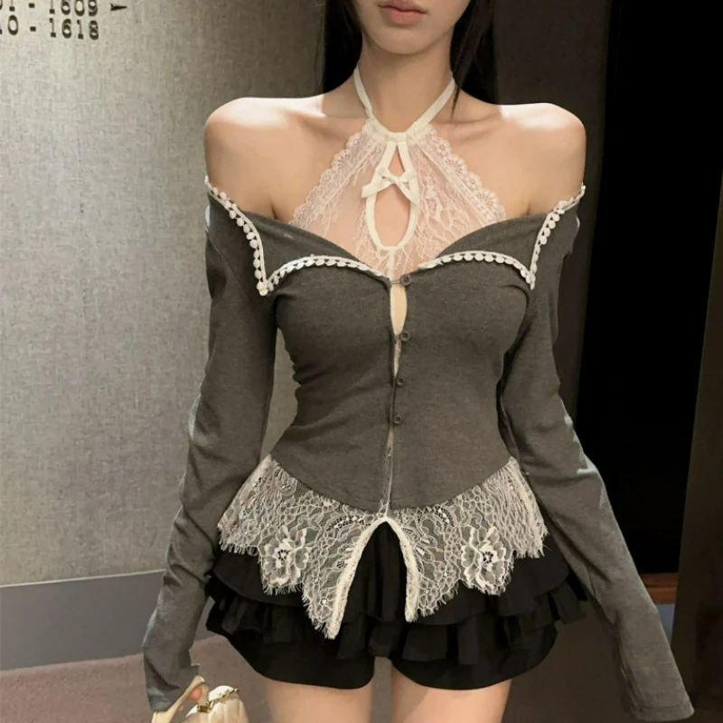 

Весна/осень 2026, дизайнерский утягивающий милый топ, два вязаных топа в корейском стиле Pure Desire с кружевной лямкой на шее и длинными рукавами для женщин