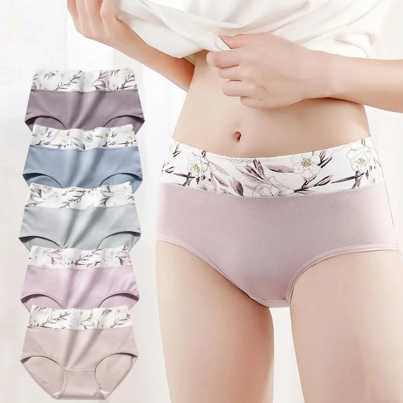 5Pcs/Set Cotton Women Panties High Waist Body Shaper Underwear Cute Print Girls Briefs Sexy Panty Plus Size Slim Ladies Lingerie