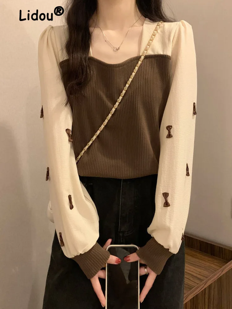 

Autumn Fairy French Sense of Design Color Contrast T-shirt Women New Long Sleeve Knitting Square Collar All-match Lady Top