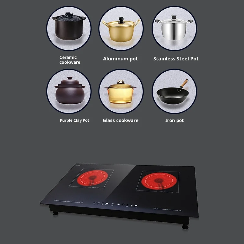 Dual-head Electric Smooth Ceramic Cooktop Built-in 3500W Household Two Burners Light-wave Microcomputer Control Black