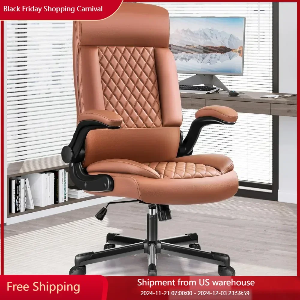 Office Chair,High Back PU Leather with Adjustable Flip-Up Armrests,Ergonomic Computer Task Chairs with Rocking Function