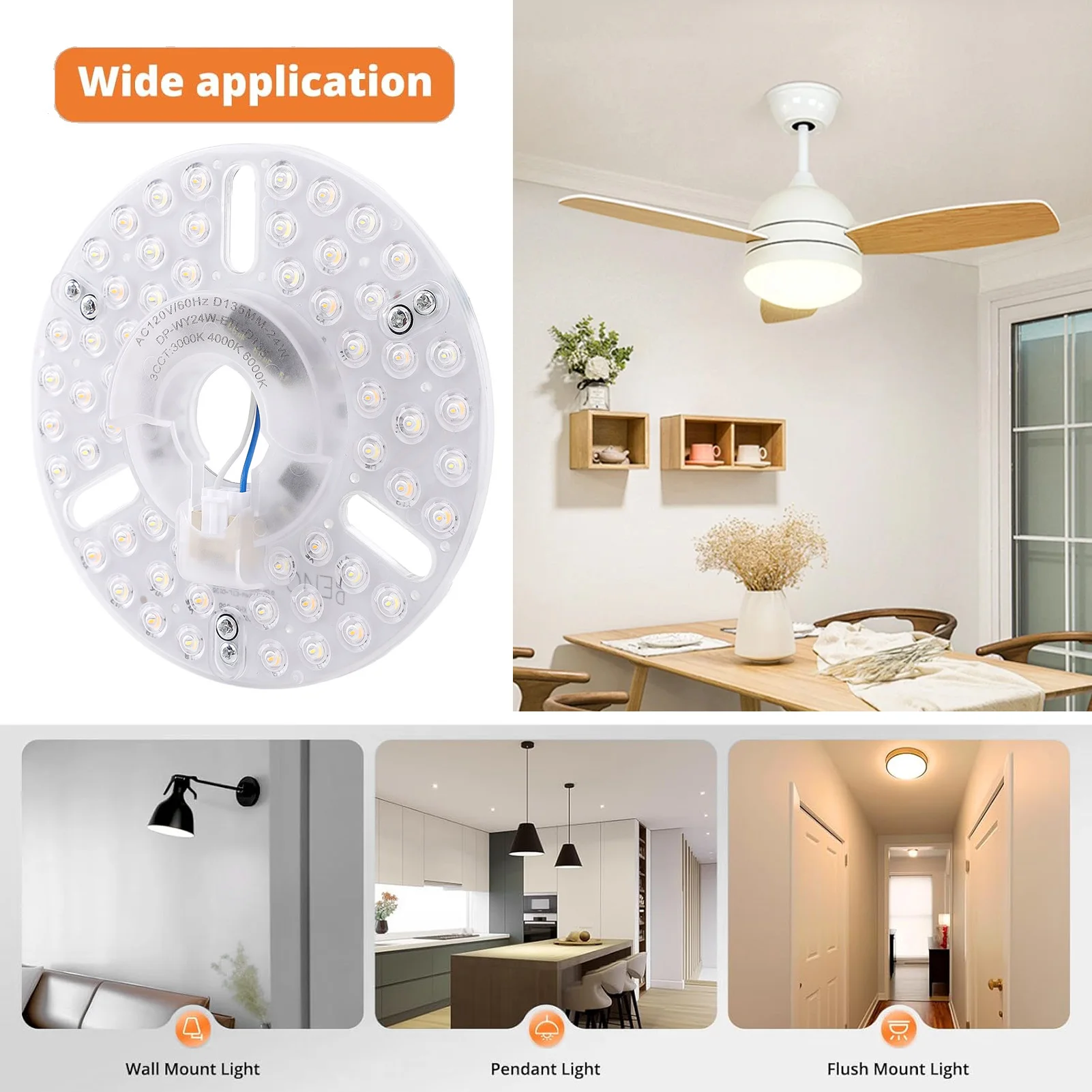 LED Ceiling Fan Light Panel Ceiling Fan LED Light Replacement Memory Function 24W 3CCT 3000K 4000K 6000K for Pendant Light