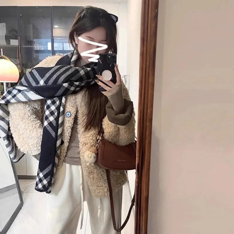 Корейская женская повседневная шуба с круглым вырезом, женская модная куртка из искусственного меха высокого класса, осенне-зимняя женская плюшевая верхняя одежда с длинными рукавами