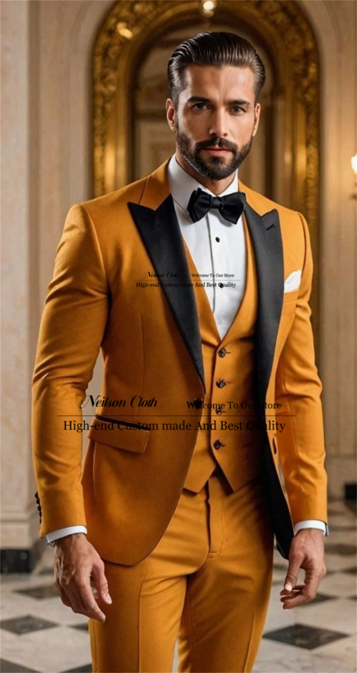 

Fashion Orange Male Prom Blazers 3 Pieces Sets Peaked Lapel Groom Wedding Tuxedos One Button Customized Slim Fit Costume Homme