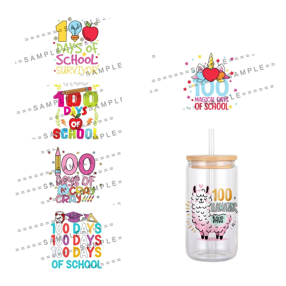 11x12cm Campus 100th Day of School Pattern UV DTF Waterproof Transfers Decals For 16oz Glass Cup Wrap Stickers