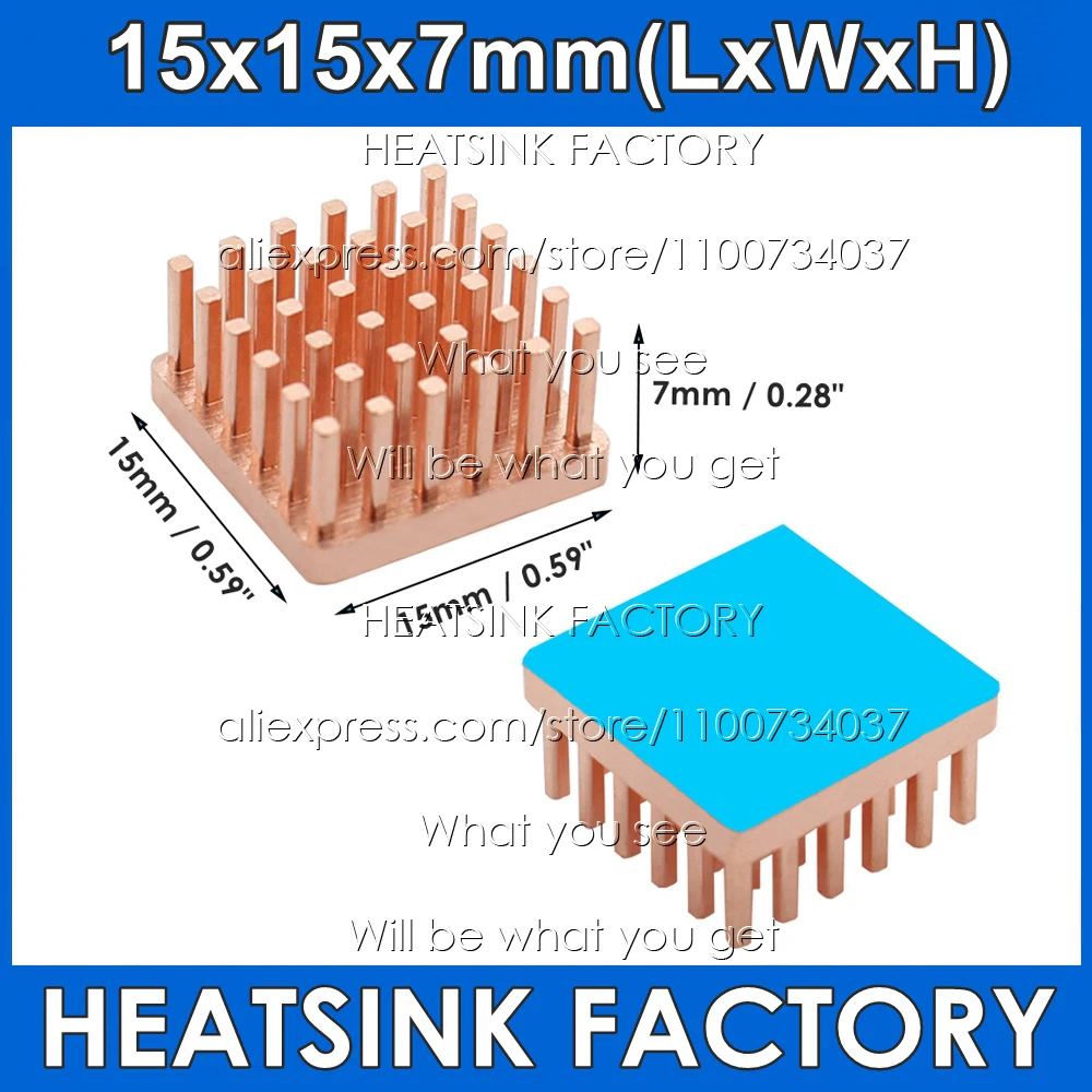 15x15x7mm Copper Heatsink With Thermal Pad Square Size DIY Pin Fins Heatsinks Cooler Radiator