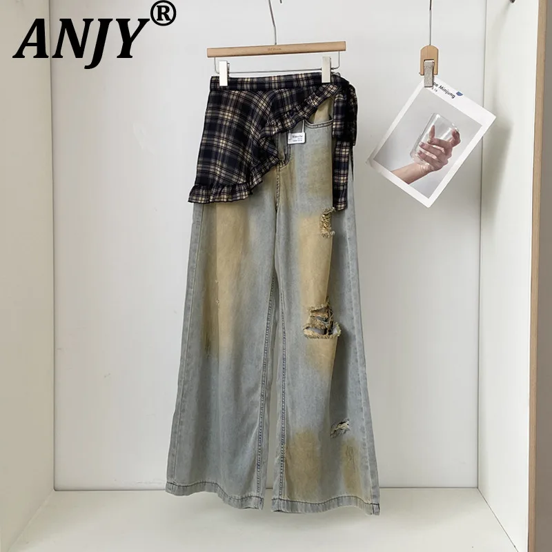 

ANJY Autumn New Women Personalized Trend Spray Color Patchwork Plaid Waistband Hole Straight Jeans Fashion Wide Leg Pants A10454