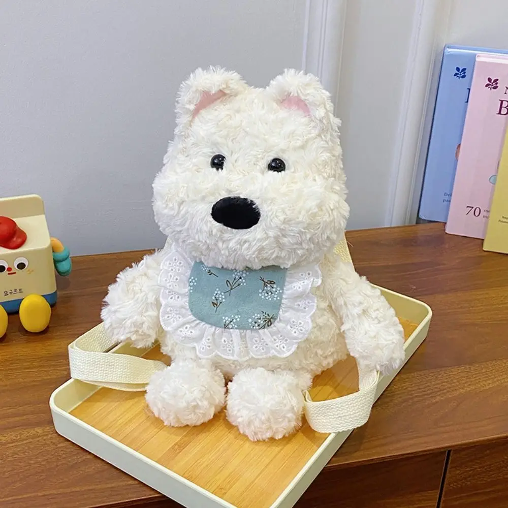 PP Cotton Westie Dog Plush Backpack Shoulder Bag Collection Plushie Doll Fur Bag Fluffy Large Capacity