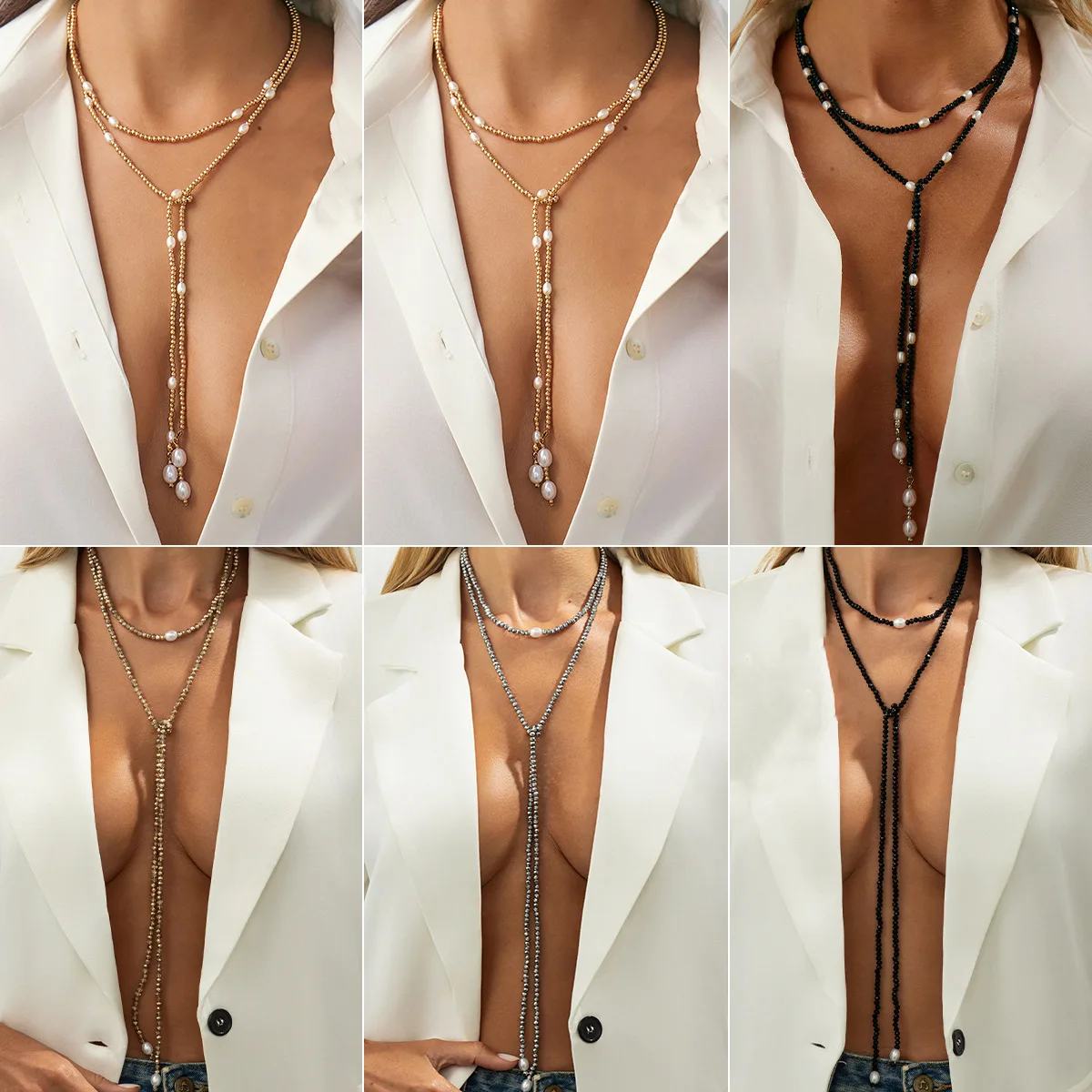Premium Long Wrapped Faux Pearl Necklace Crystal Beaded Y Shaped Knot  Commute Cool Tone Elegant