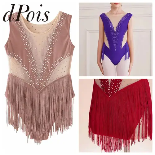 Body de gimnasia con flecos y borlas de malla transparente para niñas, ropa de Ballet, monos de Yoga, leotardo de baile latino para niños, Ropa de baile para niños