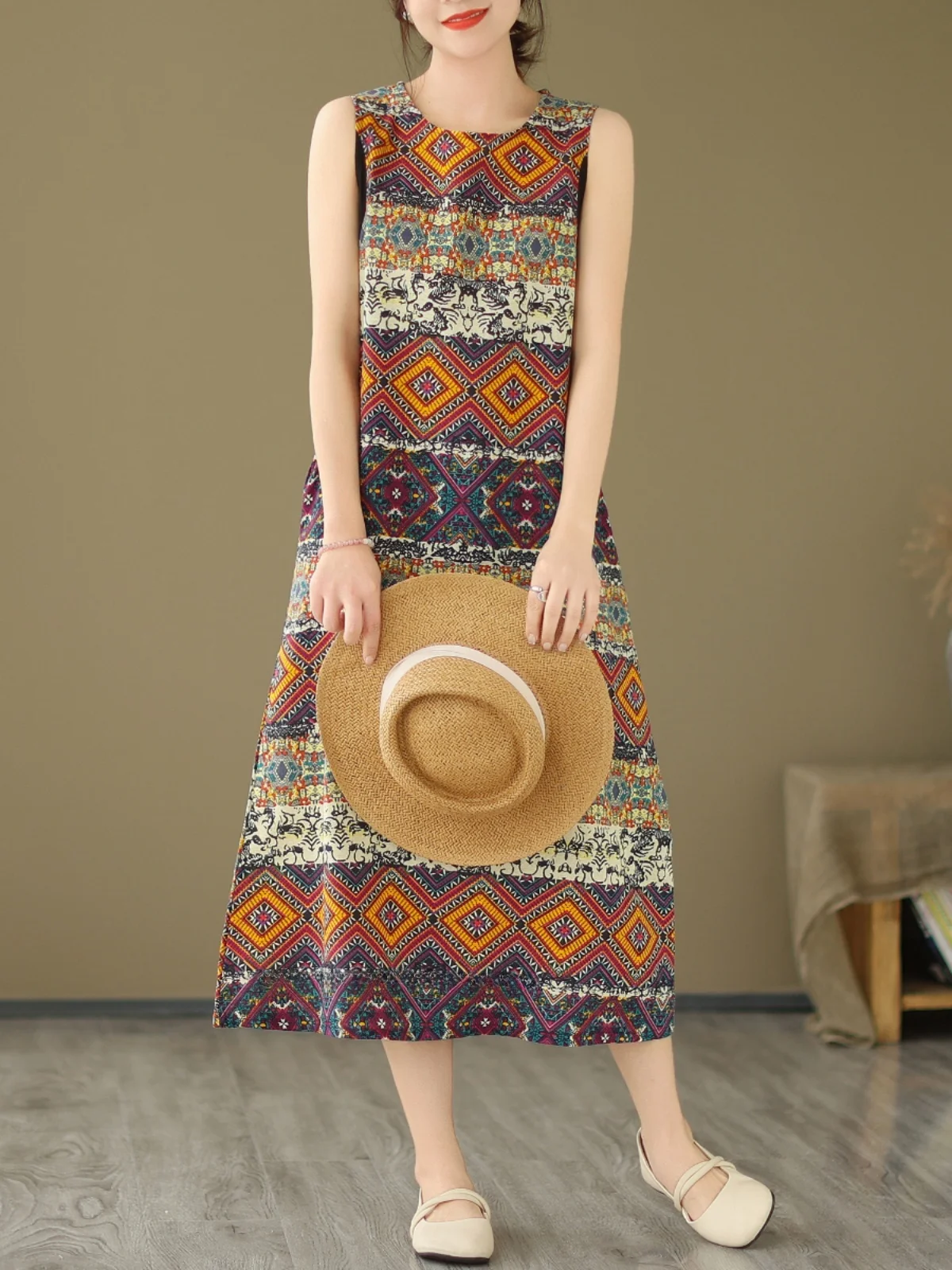 เสื้อกั๊กลายดอกย้อนยุค กระโปรงทรงเอเอวหลวมความยาวปานกลาง สไตล์วินเทจ สำหรับผู้หญิง ฤดูร้อน คอกลม