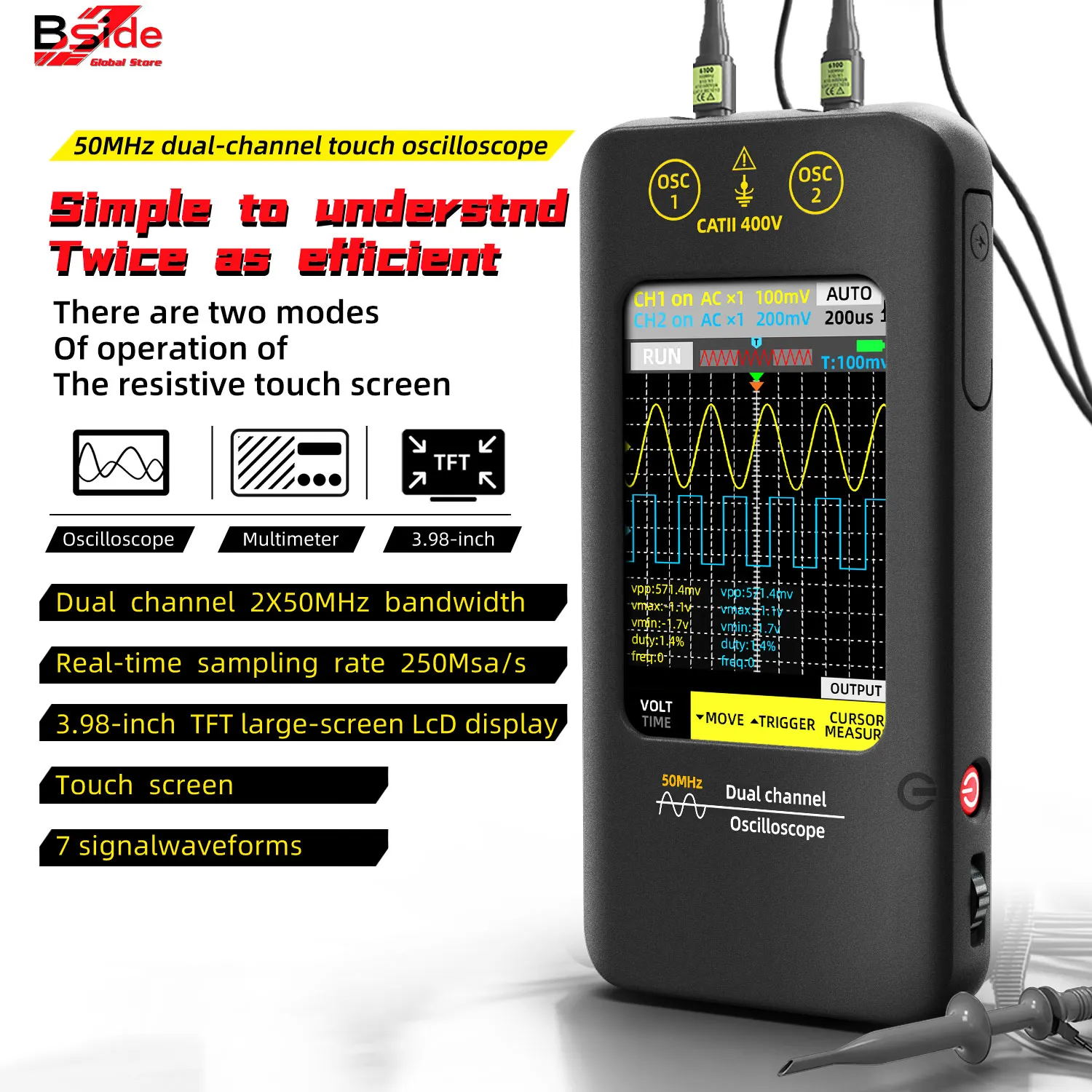 Touch Screen Digital Oscilloscope+Signal Generator Dual Channel Bandwidth :50Mhz Sampling rate :250MSa/s 3.98 inch TFT