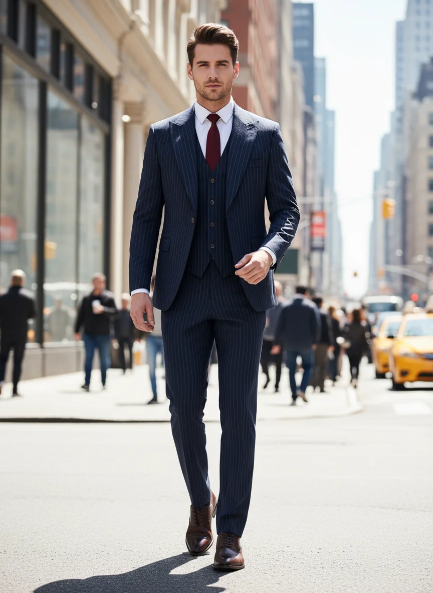

luxury brands men 3-piece Elegant man suits high quality Blue striped business casual slim fit office suit Jacket+vest+pants