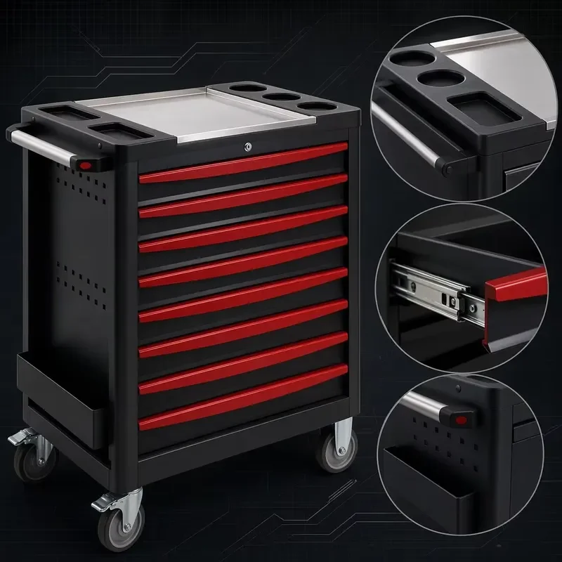 Heavy Duty 7 Drawer Tool Cabinet with Metal Workbench Side Storage Rack Professional Grade for Industrial Workshop Finishing