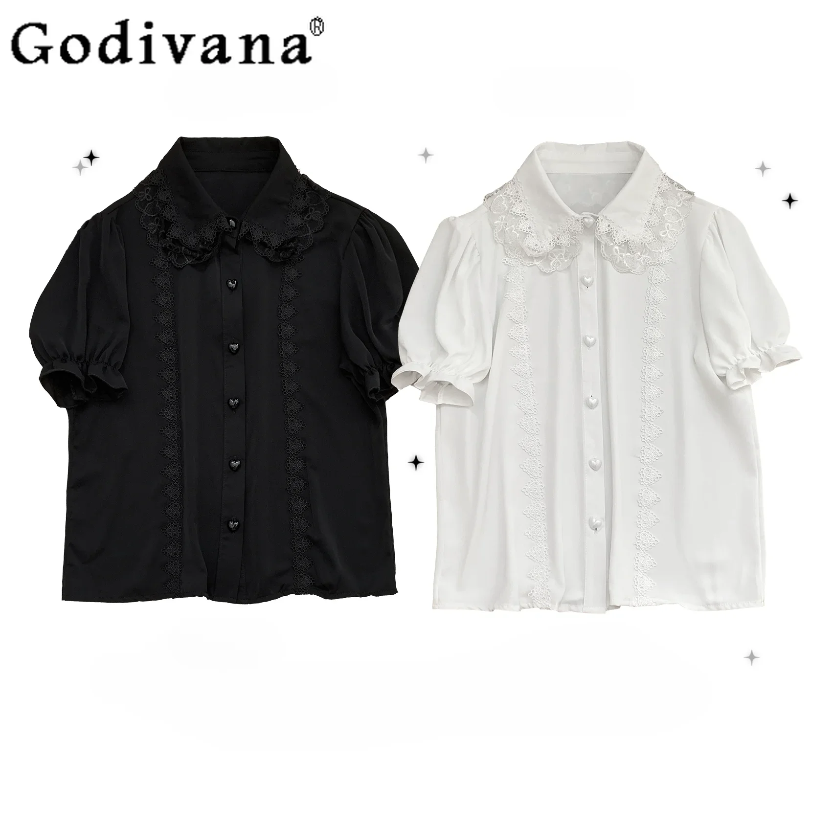 Japanese Mass- Produced Mine Sweet Lace Puff Sleeve White Top Women Loose Slim Elegant Short-sleeved Shirt Office Ladies Blouses