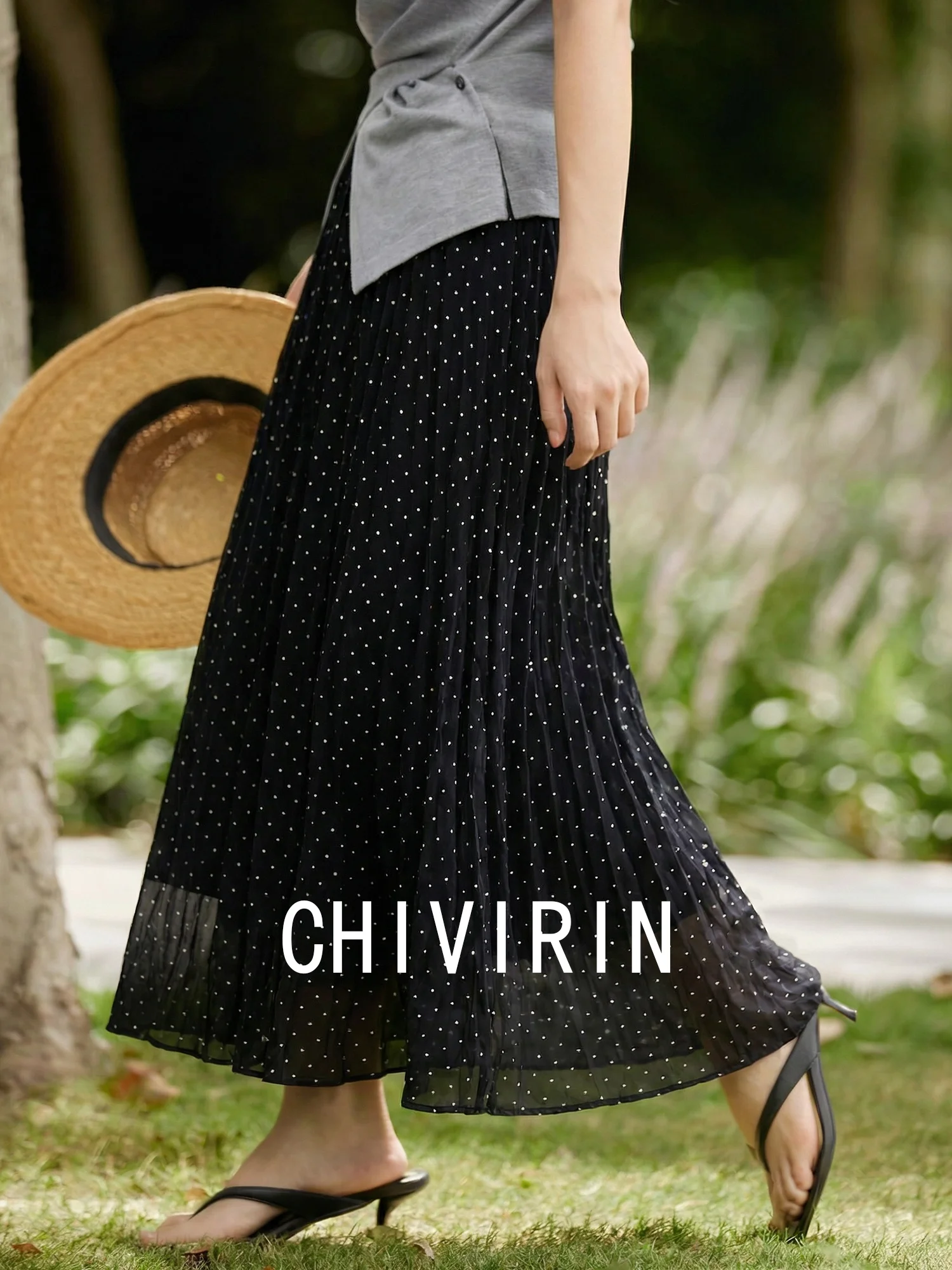 

Юбка Chivirin Bla в горошек, плиссированная, женская, с высокой талией, из шифона, миди, новинка весенней коллекции, А-силуэт