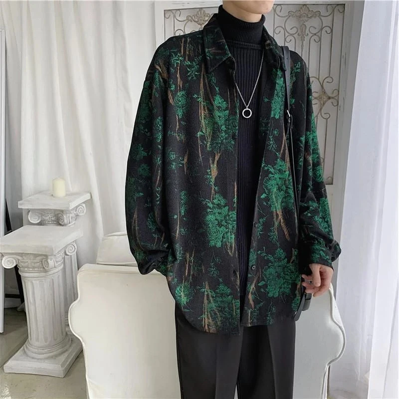 MEXZT Retro Chiffon Camisas Mulheres Rose Floral Impresso Blusa de Manga Longa Do Vintage Elegante Top Harajuku Solto Casual Casaco Oversized