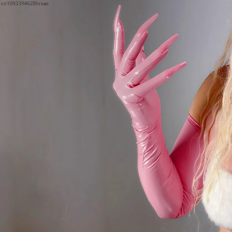 Olie glanzende dunne elastische lakleren handschoen 70 cm lange nagels handschoen kunst PU leer mode avond rollenspel cosplay kostuum