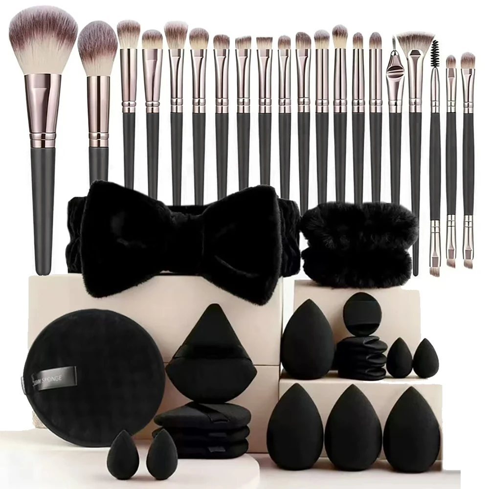 40-piece makeup tool set - 20-piece makeup tools + 16-piece powder puff set + clean sponge, hairband and wristband