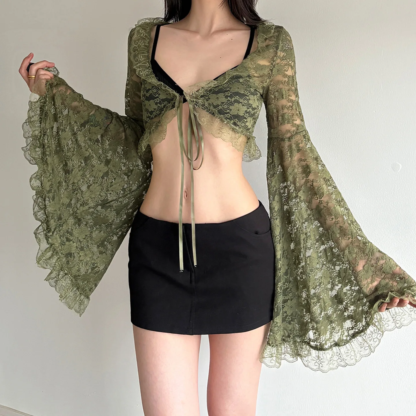 Top corto de encaje transparente Olive Y2K para mujer, blusa gótica con volantes y lazo frontal, Top estético informal para fiesta y discoteca