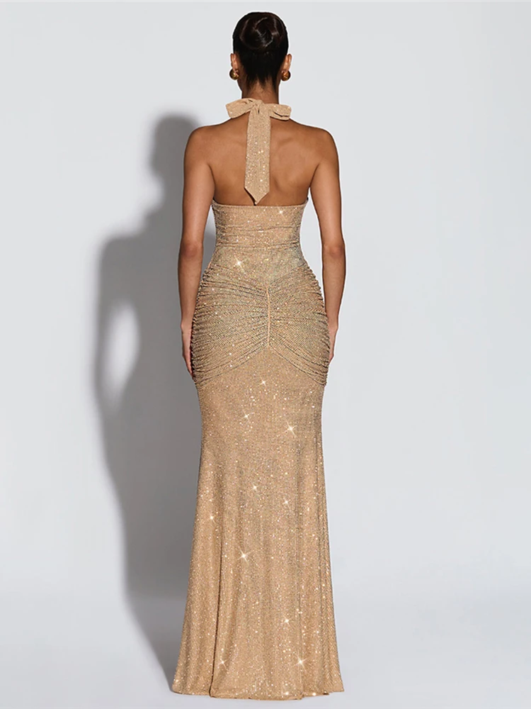 Kliou sexy vestido brilhante mulher bandagem halter baixo pescoço sem mangas sem costas fita decoração meia-noite festa de formatura longo bodycon