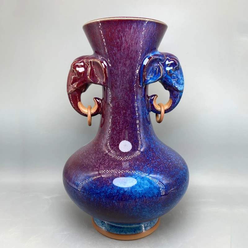 Estatua de cabeza de elefante de doble oreja, jarrón de porcelana Jun, florero de cerámica, decoración interior de habitación, esmalte de grietas de hielo de cerámica, alto 34 cm