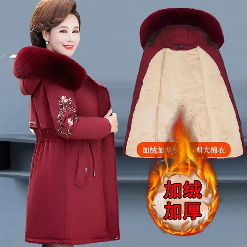 

New Autumn Winter Coat Down Cotton Jacket Middle-Aged Women Long Quilted Jackets Female Warm Hooded Fur Collar Parker Overcoat