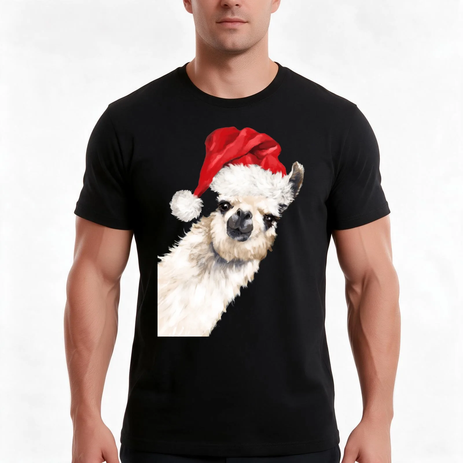 Christmas Sneaky Llama in Green T-Shirt, Summer Casual Cotton Tee, Oversized Streetwear Tops, Vintage Graphic Print, 100% Cotton