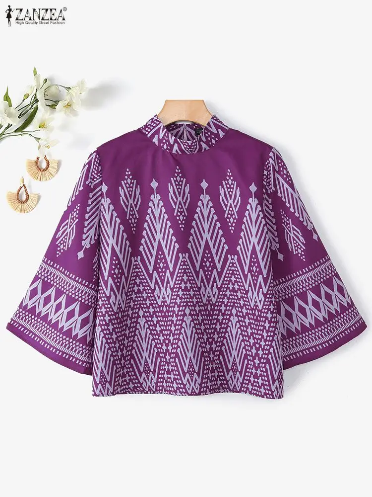 Etniczne bluzki damskie w stylu vintage z nadrukiem, moda wiosenna 2026, stójka, rękawy 3/4 rozszerzane, codzienne topy, odzież damska ZANZEA