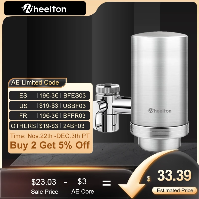 Wheelton Stainless Steel Kitchen Tap Filter Household Ceramic Water Purifier Faucet Water Filter  Activated Carbon Filtration