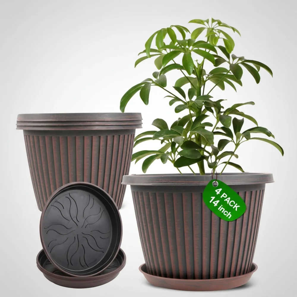 

Large 14 Inch Plant Pots 4 Pack with Saucers, Indoor Outdoor Plastic Planters for Garden Decor