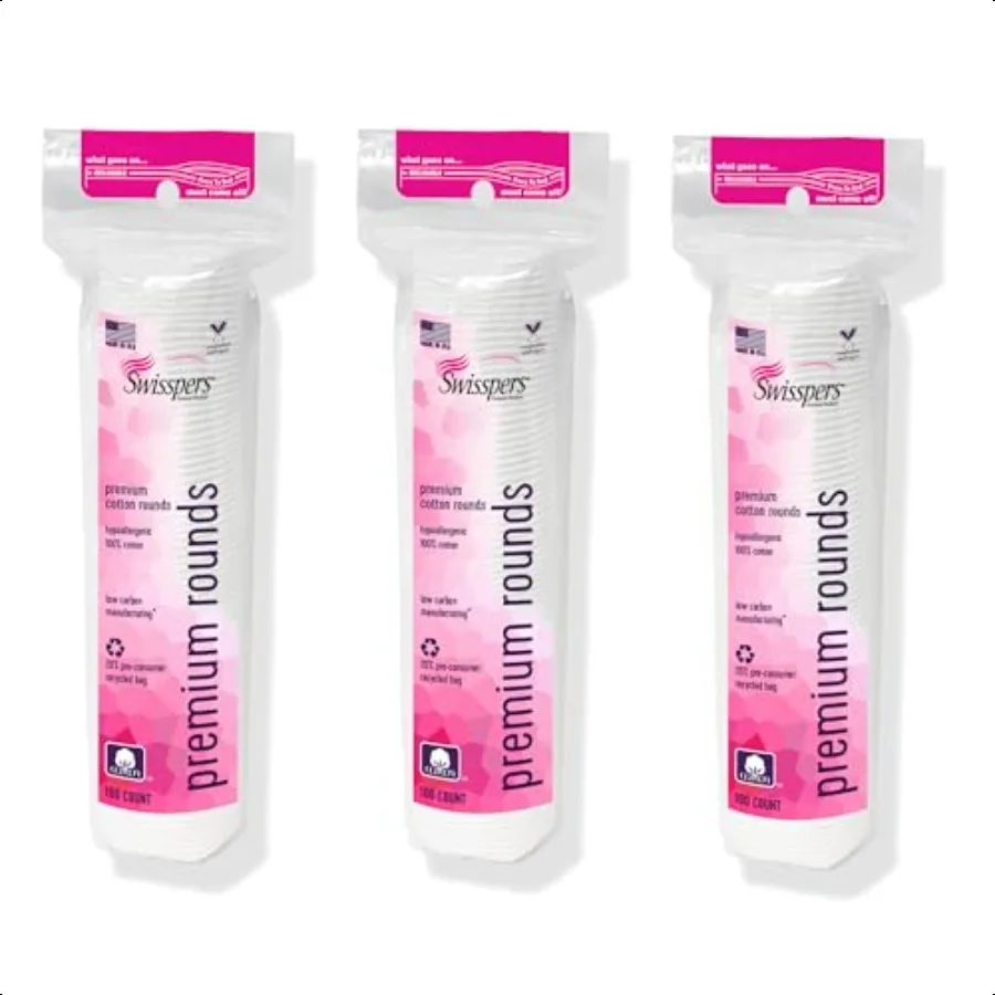Swisspers – rondes en coton de qualité supérieure, 100 unités, paquet de 3 100 tampons hypoallergéniques doux et absorbants en pur coton pour démaquiller la peau