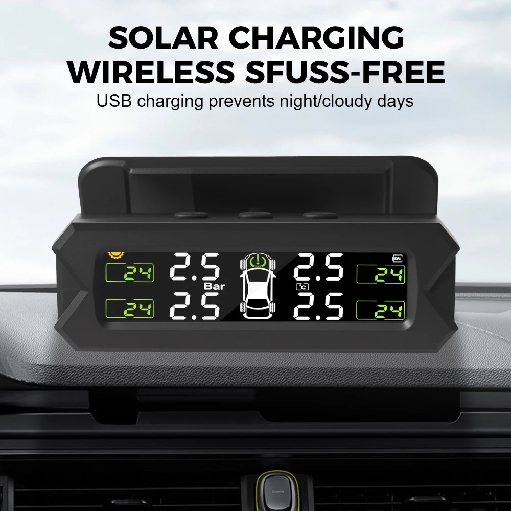 Système de surveillance de la pression des pneus, énergie solaire, avertissement de température, alarme de sécurité automobile TPMS pour voiture
