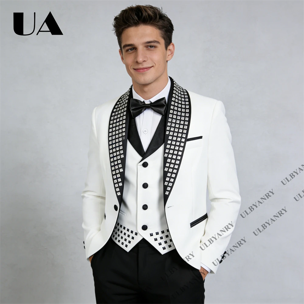 

Mens Tuxedo with Crystal-Embellished Shawl Lapel & Vest – Elegant Wedding Suit for Groom Prom or Formal Gala Tailored Fit