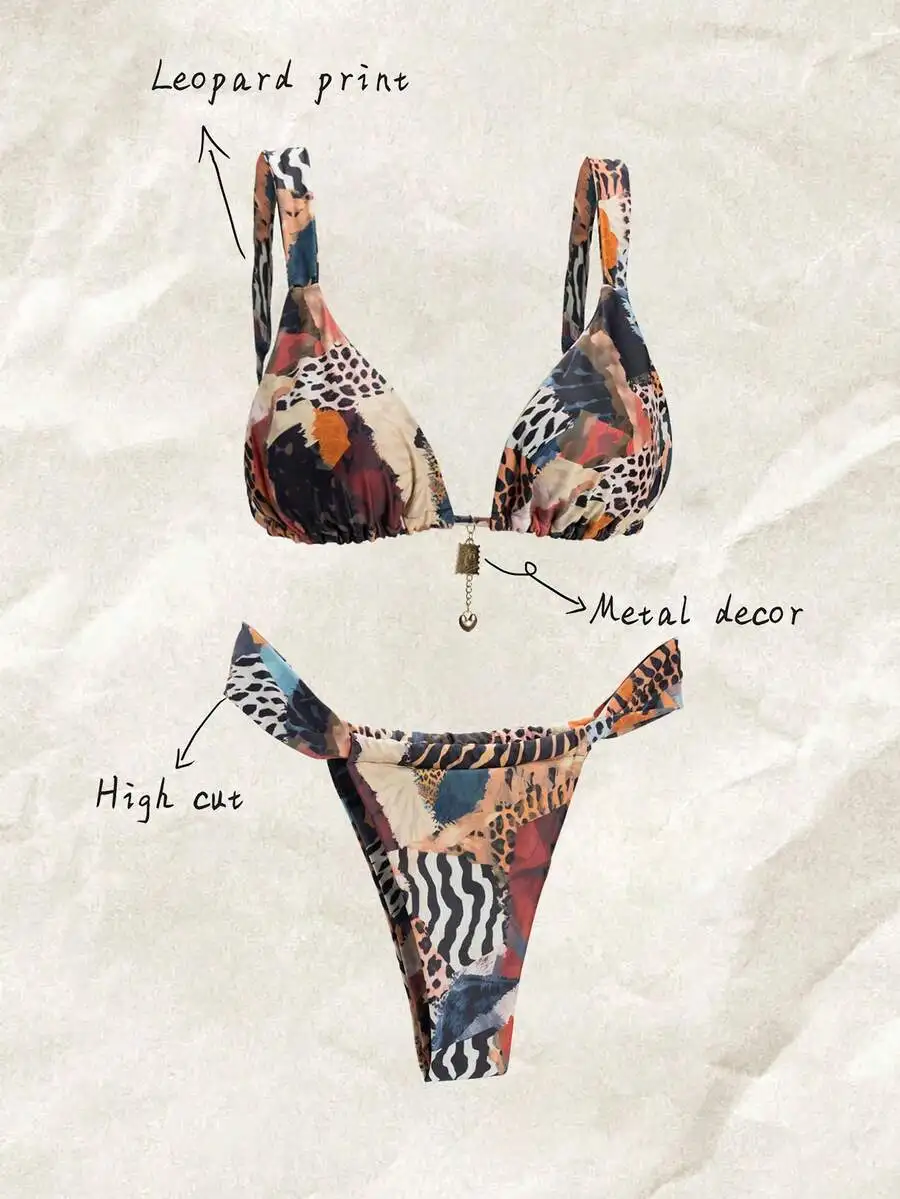 

Womens Leopard Print High Cut Bikini Set With Metal Decor