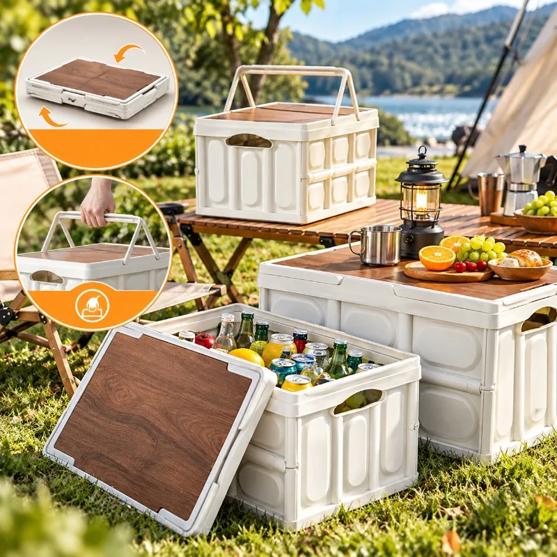 Foldable Car Trunk Storage Box with Wooden Lid, Portable Camping Organizers, Collapsible Picnic Crate with Handle for SUV Travel