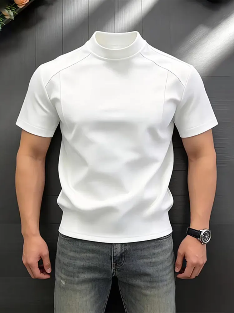 White round Neck Short Sleeve T-Shirt Men's Summer Slim Fit Shoulder Enhancing CleanFit Patchwork Design Half Sleeve Casual Top