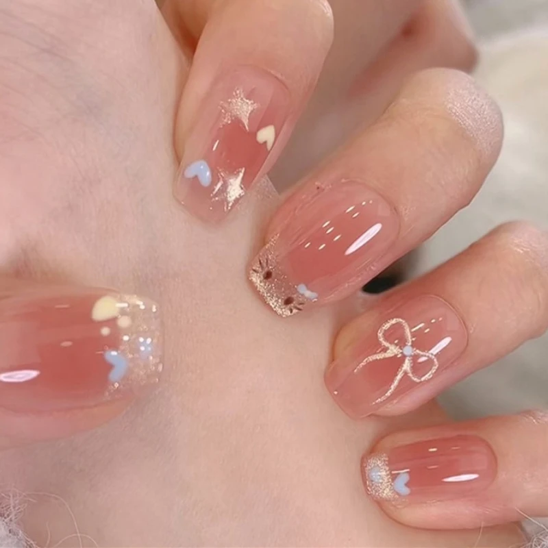 

Lovely Glitter Powder Bowknot Love Shiny French Nail Art Wearable Cute Fake Nails Detachable Finished False Nails Press on Nails