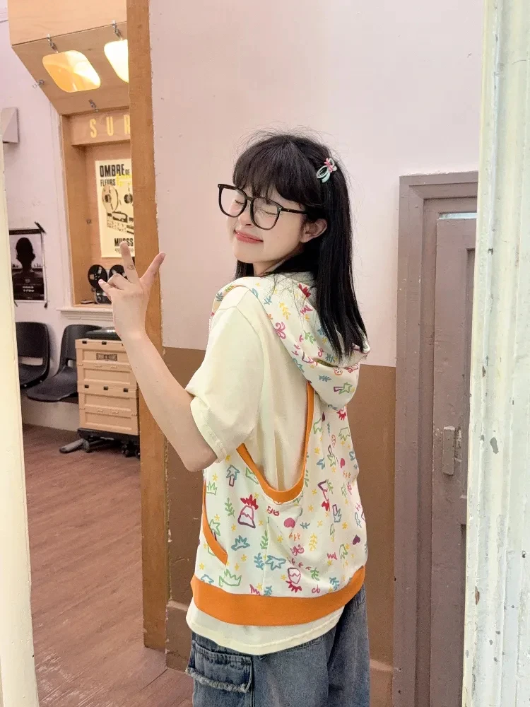 

Cute Cartoon Graffiti Print Hooded Vest Women Autumn Y2k Aesthetic Sleeveless Jackets Fashion Versatile Waistcoat Tops