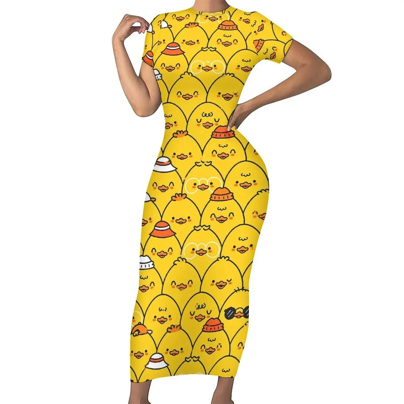 

Yellow Ducks Dress Short Sleeve Funny Ducklings Sexy Maxi Dresses Spring Streetwear Design Bodycon Dress Large Size 5XL 6XL