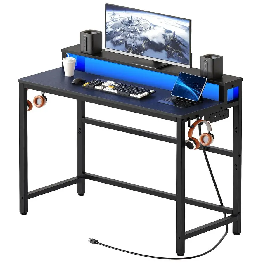 

Computer Desk with Charging Station and LED Lights, Gaming Desk with Monitor Stand, 2Tier Home Office Desk with 4 S Customizable