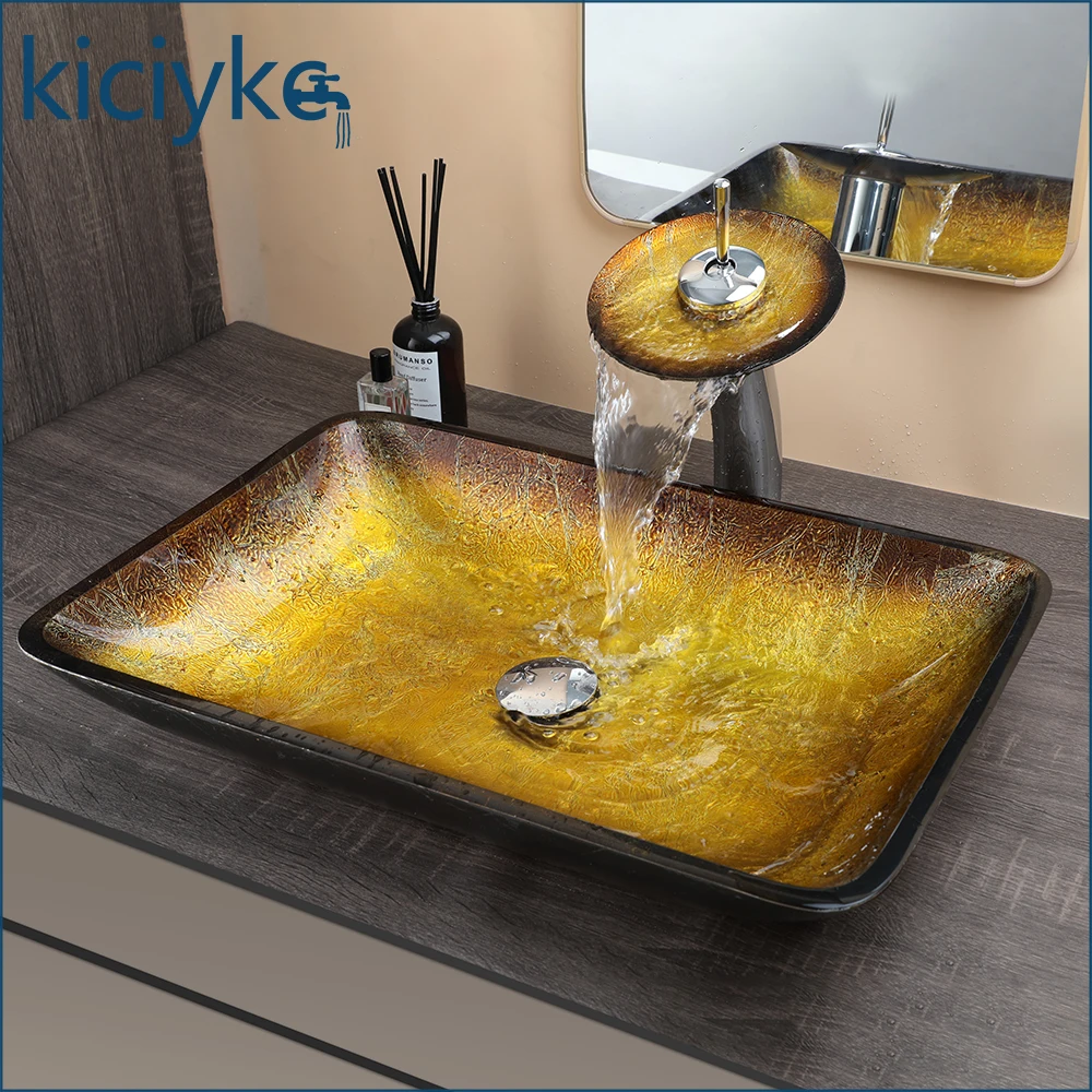 Amber Tempered Glass Vessel Sink Set Rectangle Countertop Bathroom Sink with Waterfall Faucet & Pop Up Drain Artistic Wash Basin for Vanity Bathroom