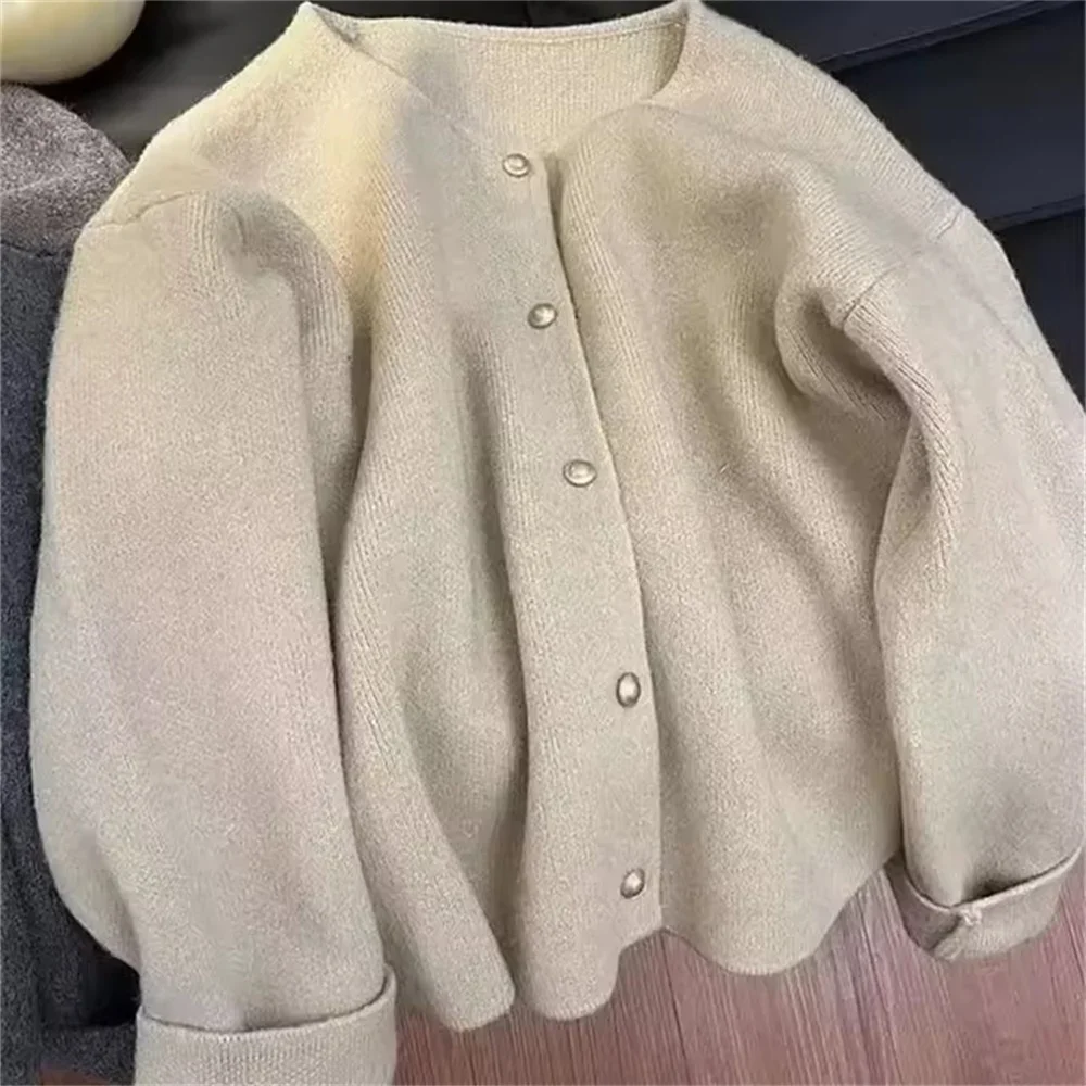 Korean Fashion Round Neck Knit Cardigan Spring Autumn Casual Long Sleeve Loose Wool Sweater for Women Knitwear Basic Coat Tops