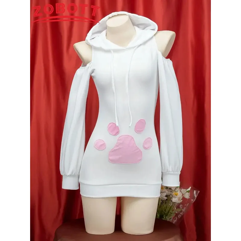 Anime cute cat hooded dress pajamas unifrom women pink cats paw backless hoodie cosplay lingerie rabbit girl role play underwear