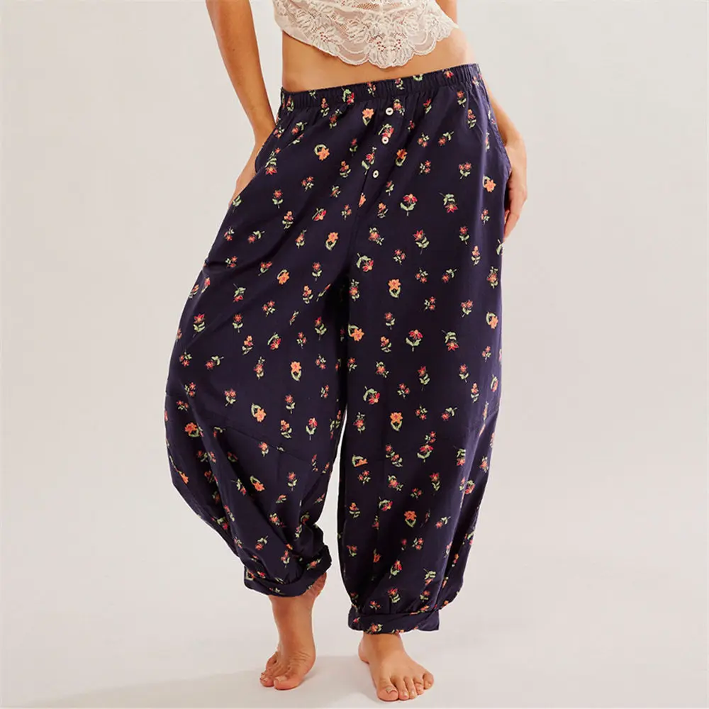 Calça floral de harém feminina, calças largas largas largas largas, elástico na cintura, pastoral, boho, ioga, praia, verão