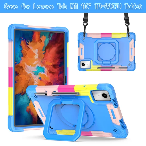 Funda de silicona para tableta Lenovo Tab M11 TB-331FC, soporte giratorio de 360 °, a prueba de golpes, con correas para los hombros, TB-330FU