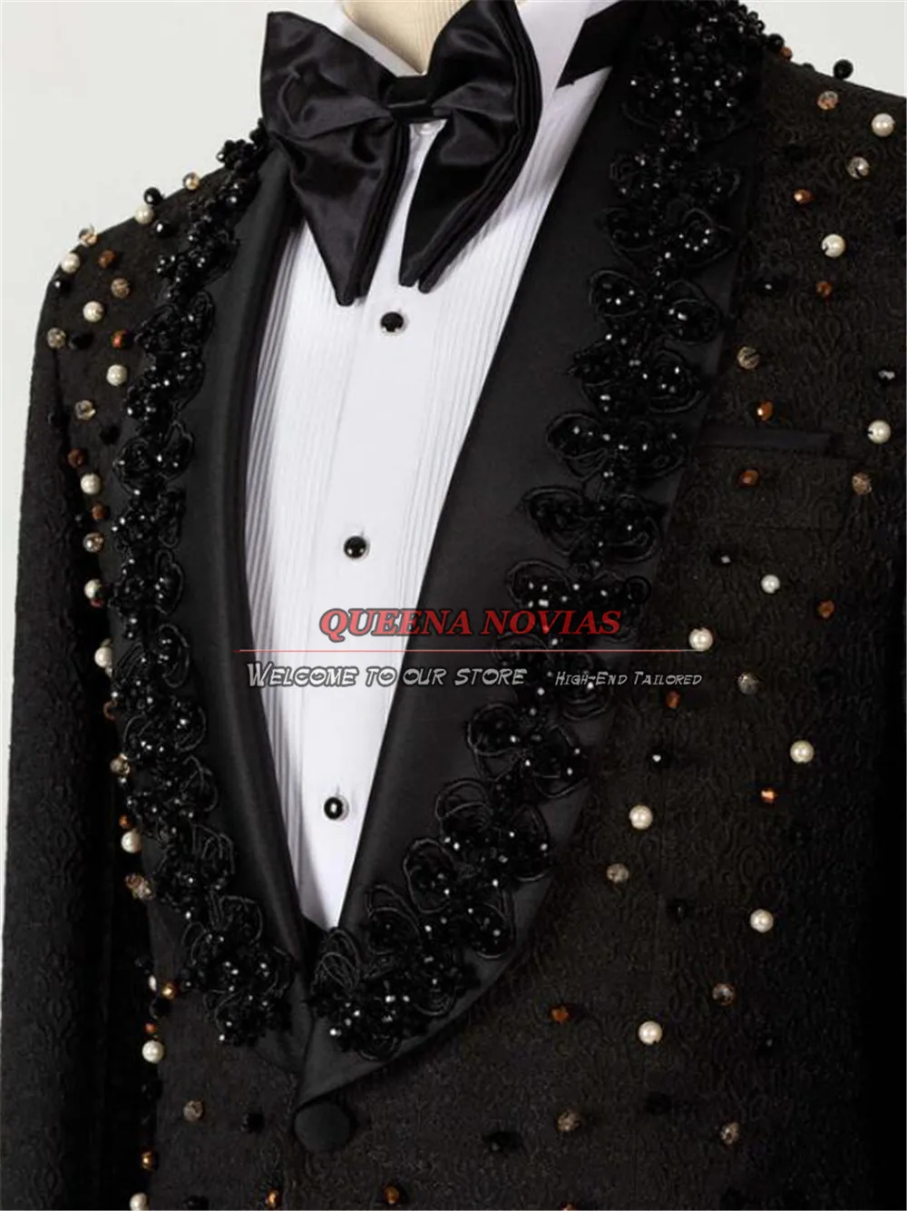 Groom Tuxedo Formal Wedding Suits Luxury Crystals Jewelried Jacquard Jacket Vest Pants 3 Pieces Formal Prom Beading Blazer Set