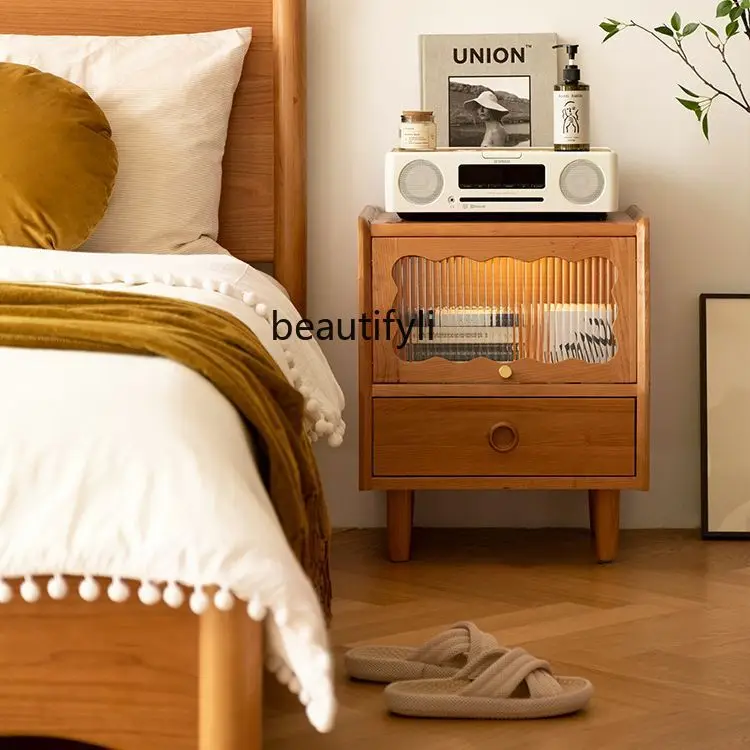 

Wave Bedside Table Changhong Glass Small Cherry Wood Vintage Furniture Modern Storage Bedside Cabinet